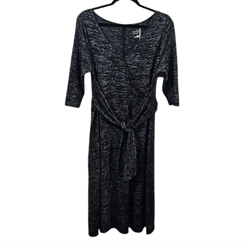 Isabel Maternity V-Neck 3/4 Sleeves Black Marl Stretch Front Tie Dress Size Med